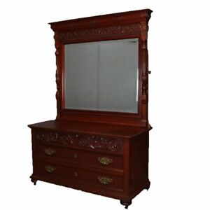 Antique Horner School Carved Mahogany Chest Of Drawers And Mirror Circa 1900