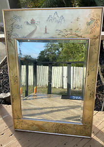 Labarge La Barge Chinoiserie Reverse Painted Glass Gold Leaf Mirror Signed