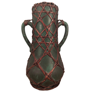 Antique Japanese Awaji Ceramic Pottery Matte Green Wrapped Vase Japan