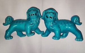 Pair Vintage Turquoise Blue Chinese Foo Dogs