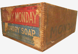 Rare Sunny Monday Laundry Soap Antique Blk Rd Ink Stmpd Paper Lbld Wd Box Crate