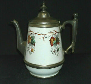 Early Pewter Trimmed Graniteware Teapot Fall Leaves Enamel Ware