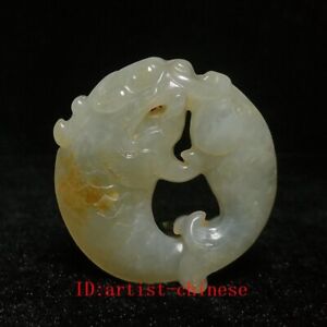 Old Chinese Jade Hand Carved Dragon Baby And Fish Statue Pendant Gift H 2 Inch