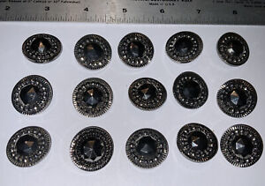 15 Antique Black Glass Silver Luster Victorian Buttons 4 Way Shank