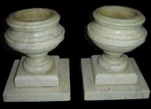 Antique Rare Pair Of Solid Arabescato Carrara Marble Pedestal Planters Urns 1850