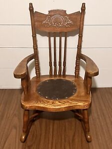 Victorian Childs Rocker Chair W Shell Motif Back Leather Circle Seat 24 Oak