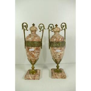 Pair Antique French Marble Urns Vases Greek Warrior Scene