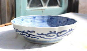 Old Imari Plate Bowl Japanese Blue White Mijin Wreathe Shaped Bowl