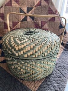 Beautifully Woven Antique Lidded Twill Basket With Overhead Handle