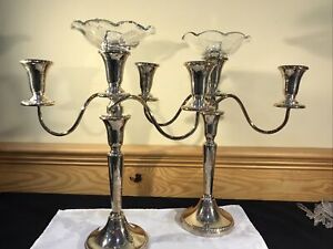 Set 2 Silver Plate Sheffield Silver Co Candelabra With Crystal Bowl 13 X 14 