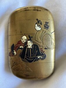 Signed Lacquer Inro Box Japanese Antique Gold Laquer Detailed 6 People