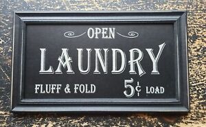 Laundry Sign Primitive Vintage Style Black Distressed Frame Farmhouse Antique