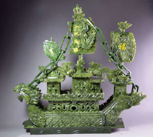 14 Large China Hand Carved 100 Natural Jade Dragon Incense Dragon Boat Statue