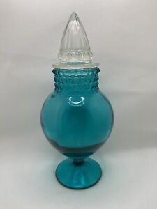 Antique Turquoise Blue Tiffin Dakota Glass Apothecary Jar With Cathedral Lid 10 