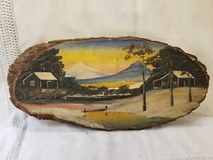 One Of A Kind Primitive Raw Edge Wood Slice Hand Painted House Barn Mountains