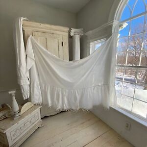 Vintage White Cotton With Passementerie Trim Bed Curtain Textile Lace White