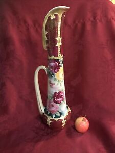 Antique Nippon Tall 17 Ewer Pitcher Hand Painted Roses Gilt