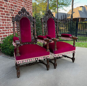 Antique French Pair Arm Chairs Fireside Throne Chairs Large Red Upholstery 19thc