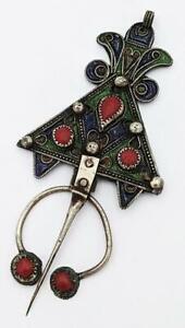 North African Berber Moroccan Enamel Fibula Clock Pin 20th Century 