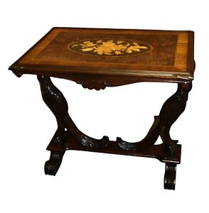 Antique Regency Style Inlaid Walnut Table W Carved Swan Base
