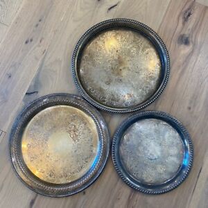 Lot Of 3 Wm Rogers Sheridan Vintage Silver Plated Serving Trays Tarnished