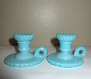 Antique Portieux Vallerysthal 2 Childs Candle Holders W Loop Small Blue Opaline