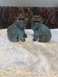 Rare Pair Of Chinese Shiwan Foo Dogs Glazed Turquoise Pottery Antique 