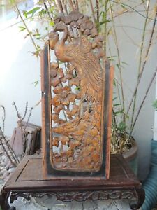 A397 Antique Carved Gold Gilt Wood Panel With Peacock 