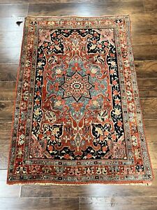 Antique Bidjar Rug 4x5 Red And Blue Handmade Wool Carpet