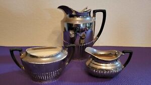Vintage Crown Devon Ware Silverine Coffee Tea Set Black Handles