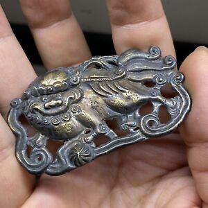 J03 Chinese Qing Dynasty Silver Foo Dog Hat Accessory With Mark 