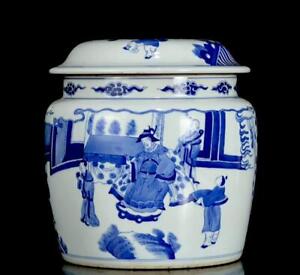 Kangxi Signed Old Chinese Blue White Porcelain Lid Pot W Figure Ck495