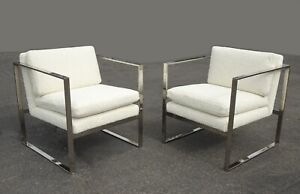1970 S Pair Milo Baughman Mid Century Chrome Lounge Chairs W Ivory Boucle 