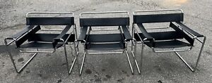  3 Vintage Black Marcel Breuer Wassily Style Chair Leather Chrome
