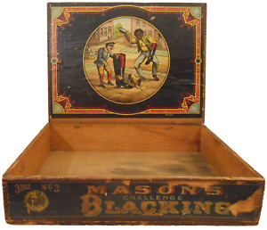 Rare Masons Challenge Blacking Late 19th C Antique Paper Lbld Wdn Box W Hngd Lid