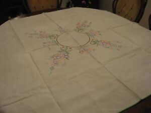 Beautiful Vintage White Embroidered Floral Linen Tablecloth Cover