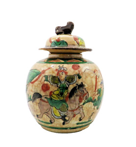 Antique Chinese Famille Verte Crackled Glaze Porcelain Vase With Lid Marked
