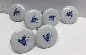 Vintage Porcelain Door Knobs Handles White Blue Flowers Ceramic Set Of 6