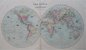 World Map In Double Hemispheres Sailing Ships 1873 Dower Large Map