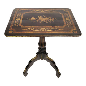 Antique American 19th C Renaissance Ebonized Inlaid Side Tea Tilt Top Table