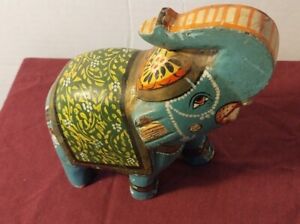Rustic Hand Carved Wooden Elephant Figurine Statue Hand Painted