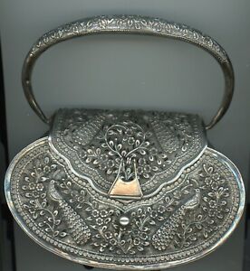 South East Asian Sterling Silver Purse Bag Clutch Handbag Hand Engraved Peacocks