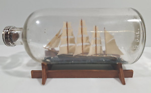 Vintage Ship In A Bottle 10 Handmade Quadruple Sail Mast 1 2 Gal W Wooden Base