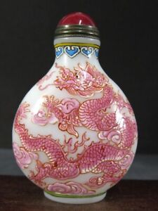 Chinese Two Dragon Hand Painted Peking Enamel Glass Snuff Bottle