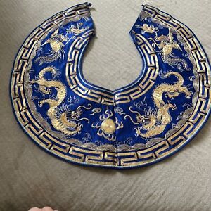 Antique Chinese 19th Century Silk Embriodered Collar On Silk Blue Gold Dragons