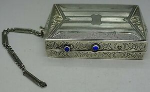 E A M Sterling Silver Octagonal Art Deco Box W Chain Saphire Gold Rare Look