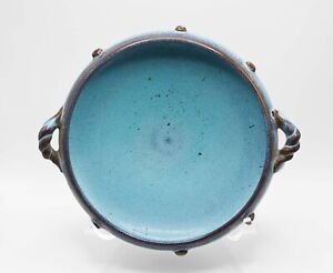Junyao Pottery Sky Blue Bowl Braided Handles Ice Crackle Glaze