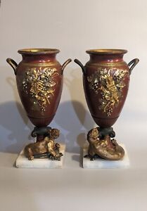 Pair 19th C Antique French Louis Xvi Gilt Bronze Lioness Vase Sculpture Urn