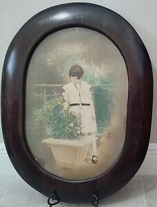Antique Victorian Large Oval Frame Glass Colored Photo Of Girl In Garden 25x19 