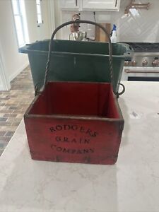 Vintage Rodgers Grain Company Primitive Red Wood Box Cast Iron Handle